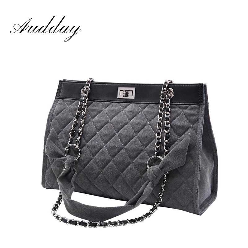 

2023 Vintage Women Tote Bag Lady Diamond Pattern Denim Oxford Large Capacity Handbag Female Fashion Chain Underarm Shoulder Bag
