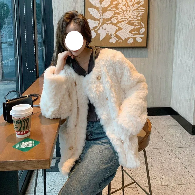 Lamb coat women's winter fragrance loose thickened plush coat cotton-padded jacket