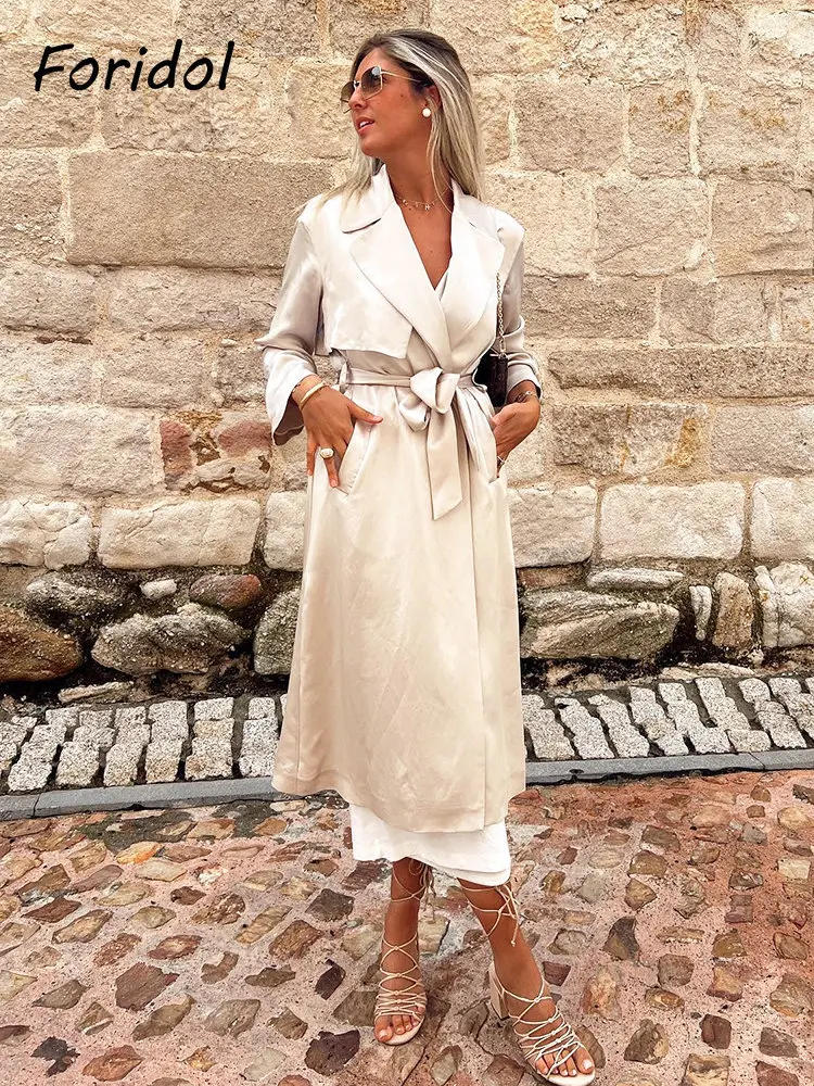 

Foridol Fashion Women Satin Trench Coat Long Streetwear Office Casual Tie Up Elegant Silk Turn Down Femme Back Slit Coat Winter