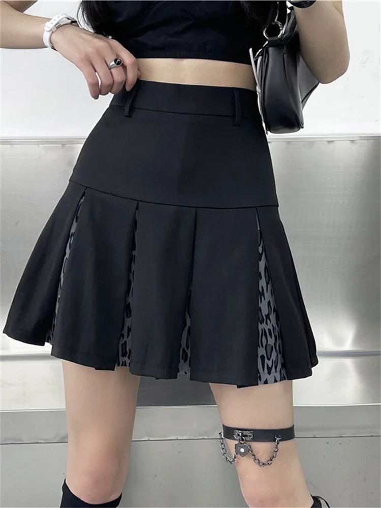 

Vintage Pleated Skirt Women Gothic Leopard Print Patchwork Black A-line Mini Skirts 2022 Summer Harajuku Punk Streetwear E Girl