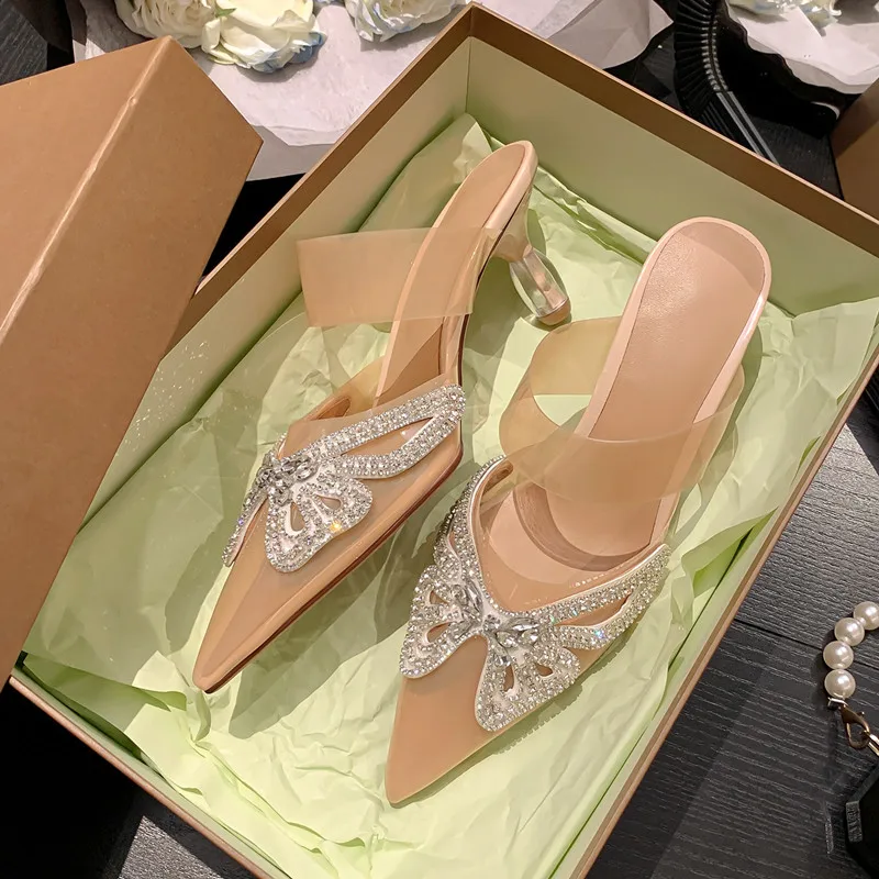 Autuspin Sexy Women Pumps Fashion Crystal Butterfly Thin High Heels Spring Summer Ladies Party Wedding Shoes Pointed Toe Sandals