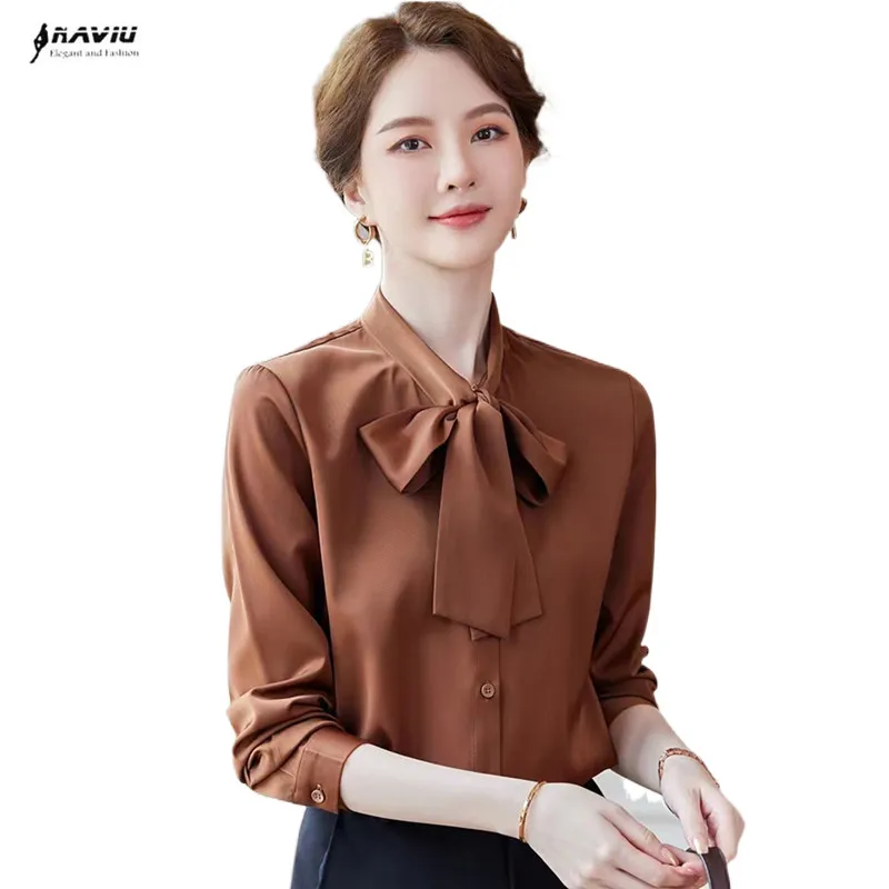 

Pink Bow Shirt Women 2022 Autumn New Long Sleeve Fashion Loose Coffee Professional Chiffon Blouses Office Ladies Work Tops