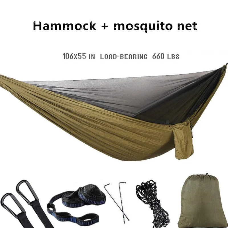 Hamaca de acampada con mosquitera, doble hamaca de viaje, mochila, paracaídas portátil, 5 + 1 anillo