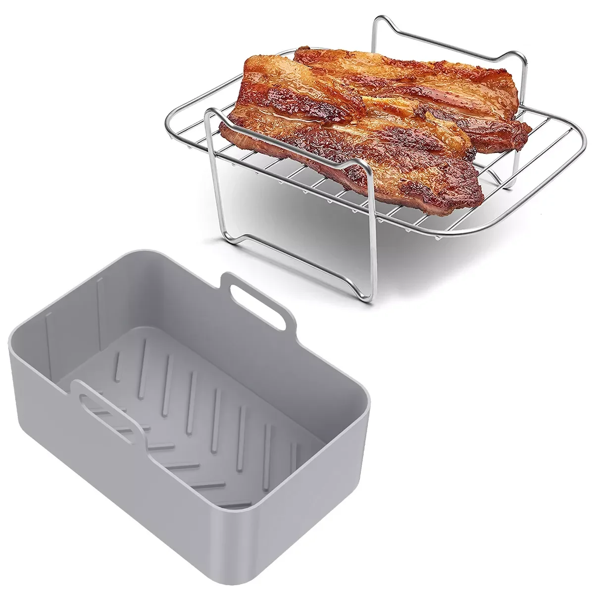 

Набор из 2 силиконовых фритюрниц с подставкой, многоразовая силиконовая корзина для фритюрницы, квадратная стойка из нержавеющей стали, акс...