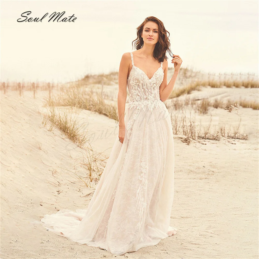 

Elegant A Line Wedding Dresses For Women Sweetheart Bridal Gown Backless Appliques Spaghetti Straps Bride Robes Robe De Mariée