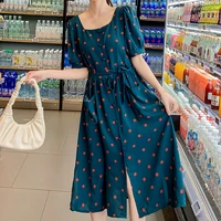 2022 summer womens square collar new waist slimming casual polka dot print lace chiffon hepburn sweet french mid length dress