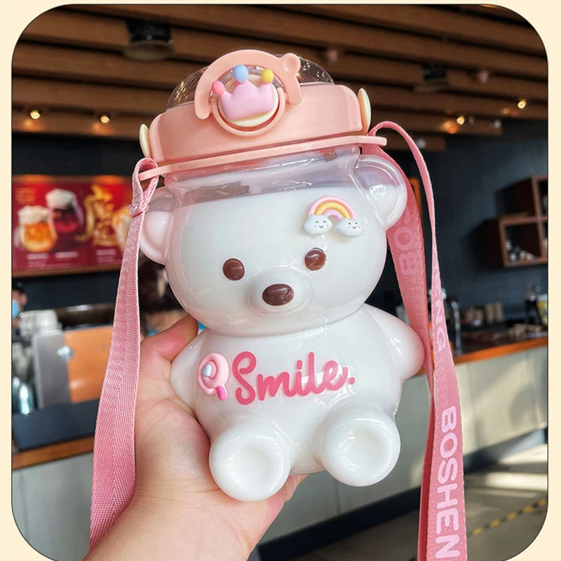 

1/1.4L Large Capacity Kawaii Bear Water Bottle With Straw Plastic Cute Water Jug Juice Milk Bubble Tea Portable Gym Drink Bottle