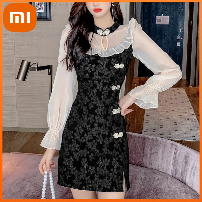 

Женское платье с вышивкой Xiaomi, винтажное готическое платье чонсам, элегантное черное мини-платье составного кроя с длинными рукавами для ве...
