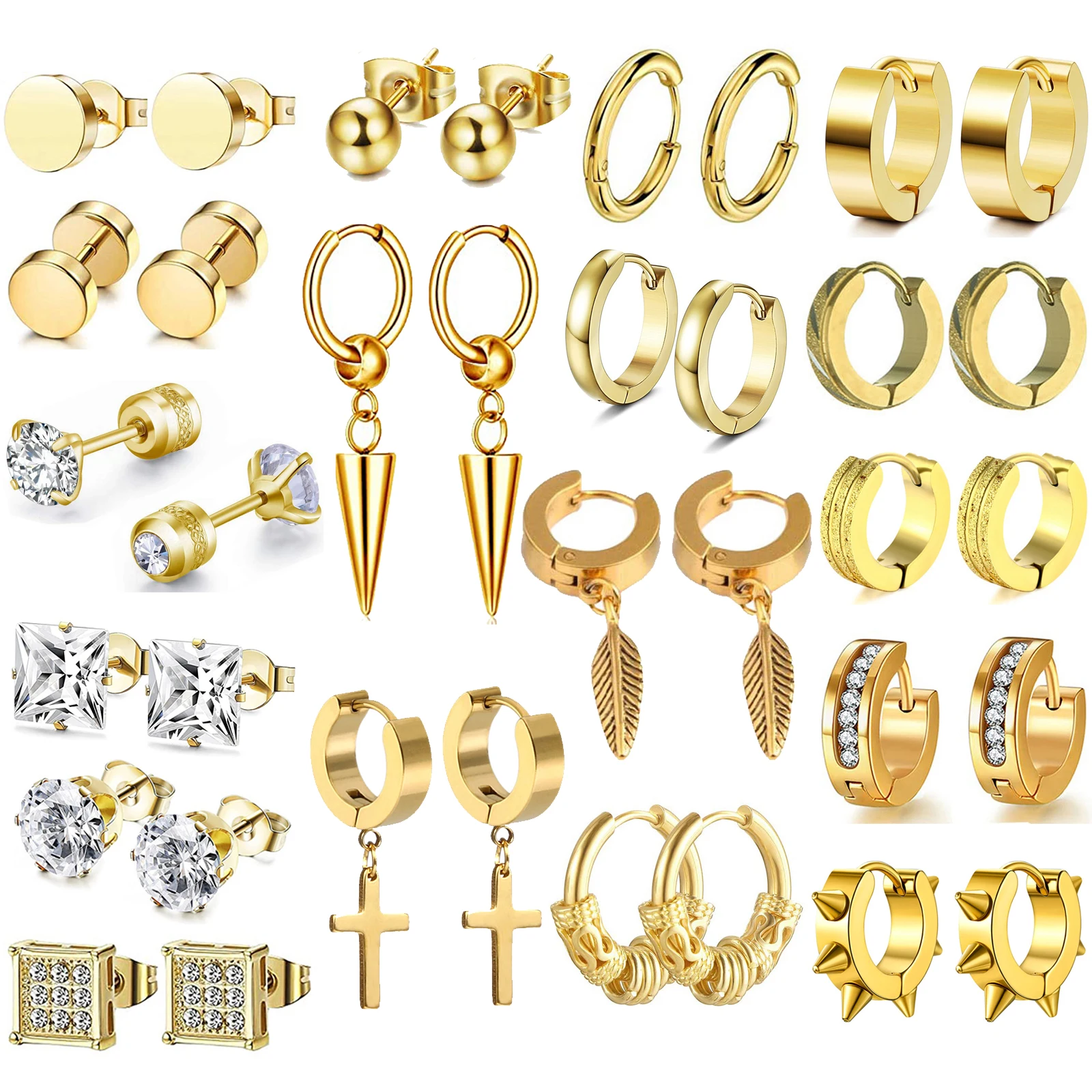 

WKOUD 1-18 пар золотые серьги-гвоздики из нержавеющей стали с фианитом подвеска в форме Креста Набор серег-колец для мужчин и женщин модные ювелирные изделия для пирсинга