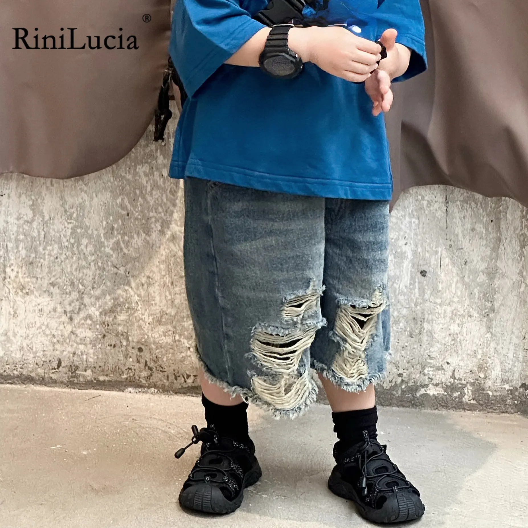 

2023 Kids Pants Boy Summer Trousers Children Knee-length Pants for Baby Boys Pants Fashion Holes Straight Denim Pants