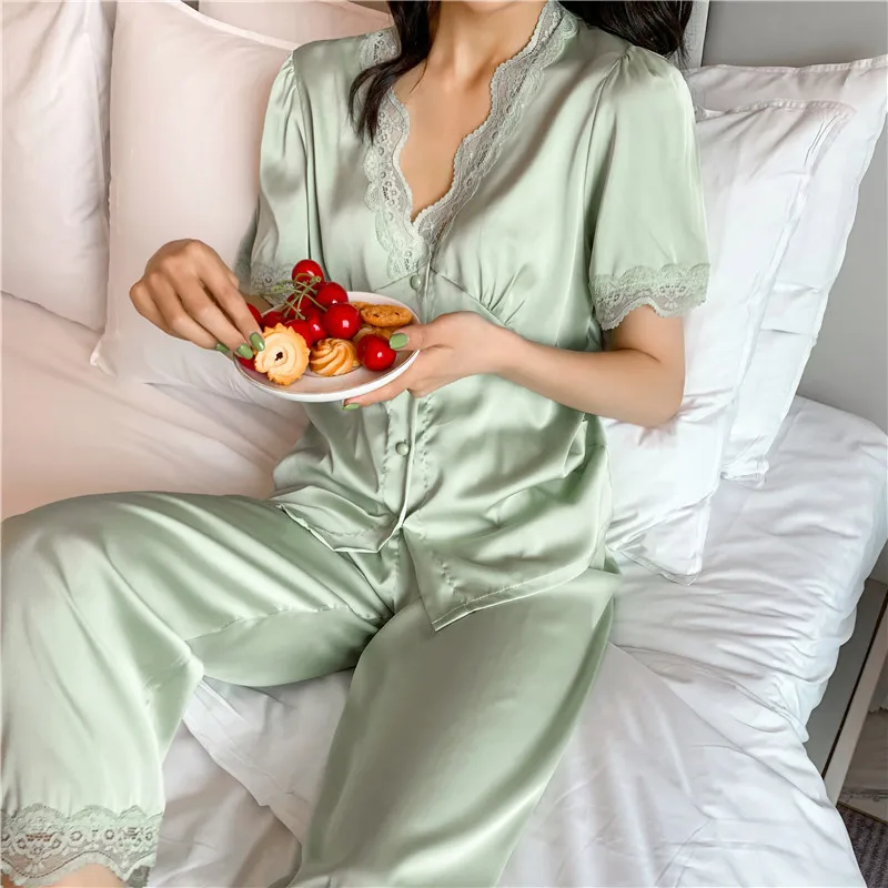 Spring and Summer Women's Ice Silk Pajamas Short Sleeve Trousers Suit Lace Puff Sleeve Women's Women's Pajamas