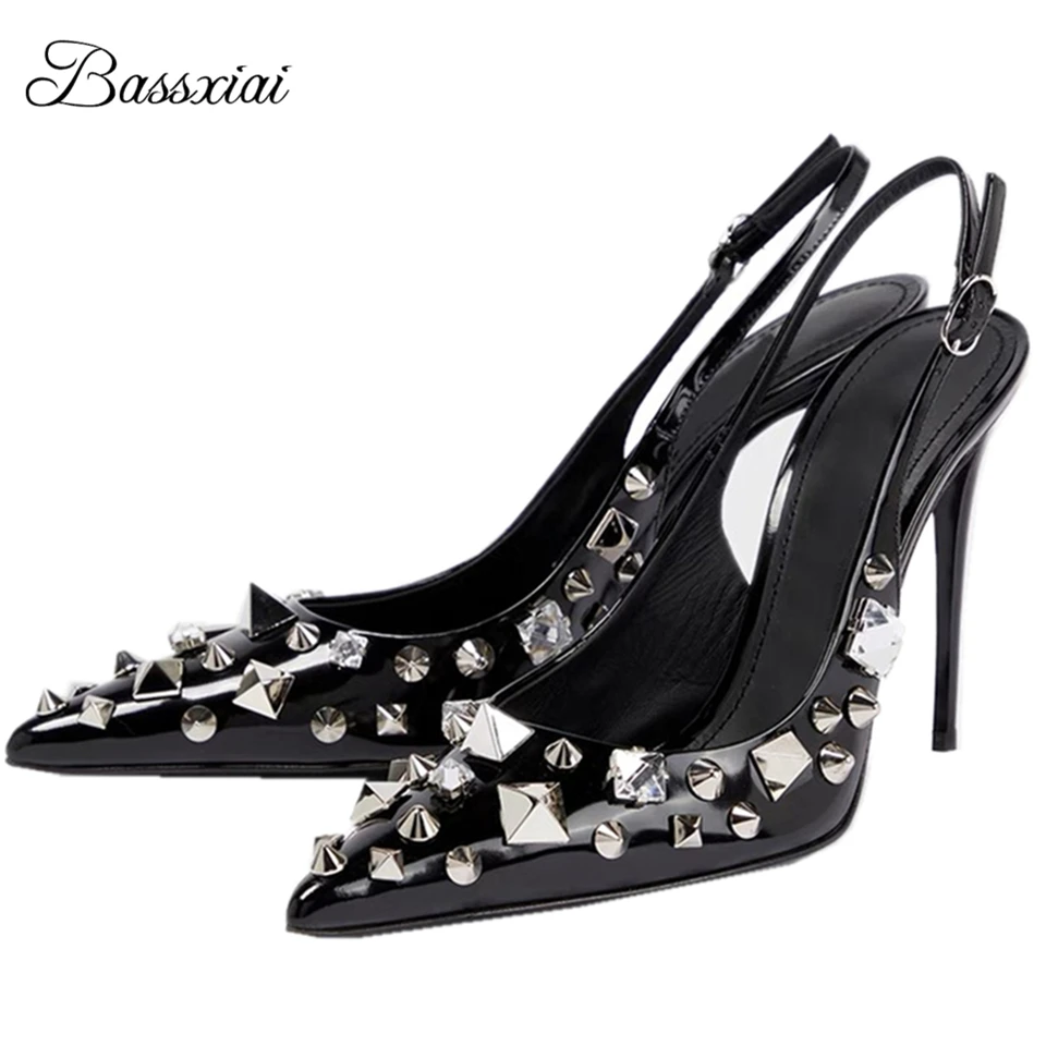 

Luxury Rivet Embellishment Women Pumps 10cm Stiletto Heel Sexy Pointed Toe Slingbacks Patent Leather Party Shoes