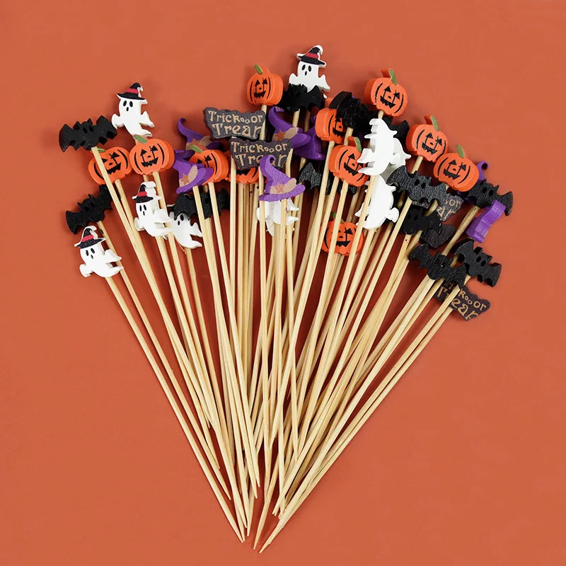 

50/100Pcs Halloween Disposable Bamboo Skewers Pumpkin Fruit Fork Buffet Dessert Cocktail Stick Halloween Party Decoration Supply