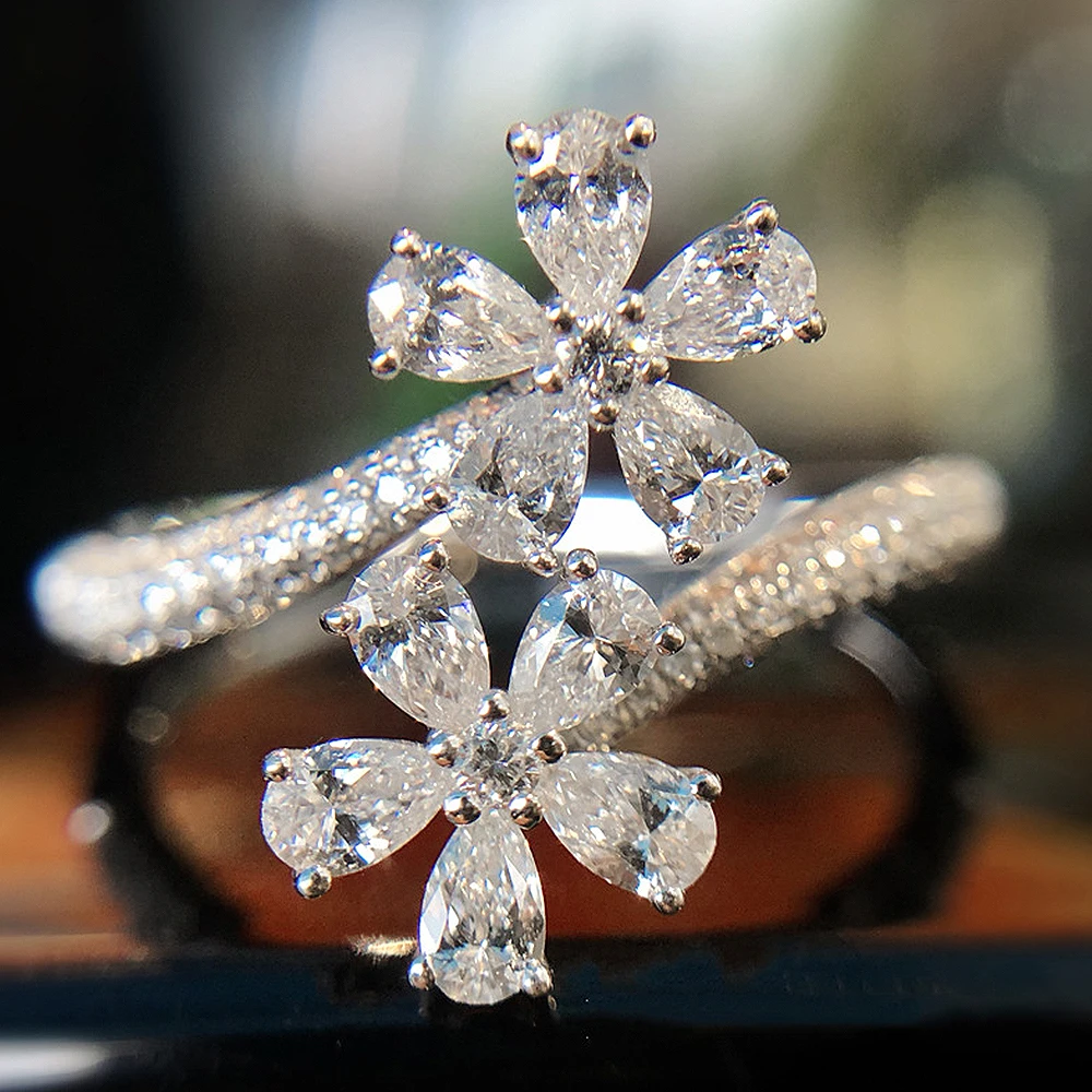 

New Luxury Crystal Flowers CZ Adjustable Opening Rings for Women Romantic Bridal Wedding Party Finger Rings Statement Jewelry