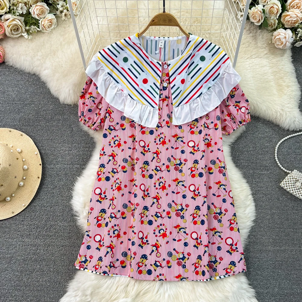 

Summer Korean Chic Bubble Short Sleeve Large Polo Collar Contrast Panel Stripe Printed Loose Fit Dress