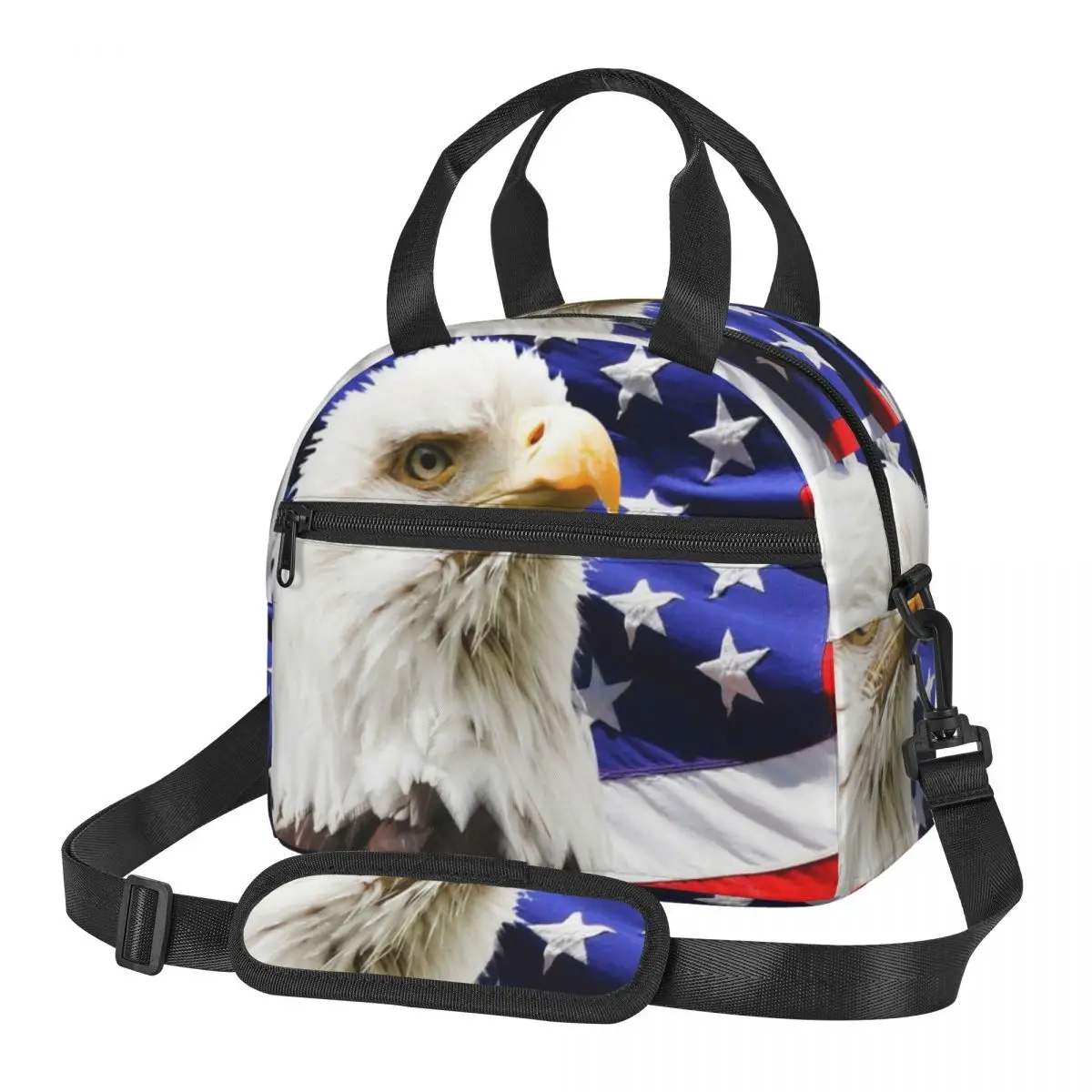 

American Bald Flag Eagle Lunch Bag Spirit Star Print National Bird Zipper Cooler Bag Camping Fancy Pearl Cotton Thermal Bag