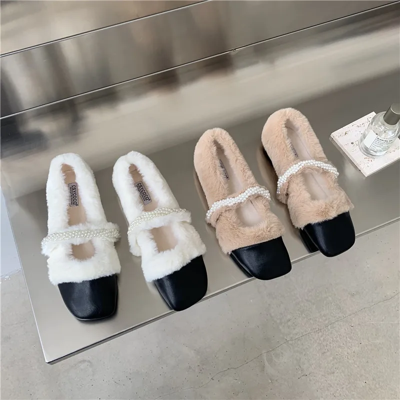 

Bailamos Women Flats Fashing Pearl Beaded Chain Square Toe Flat Fur Shoes Slip-On Wool Soft Boat Shoes Elegant Autumn Shoes Muje