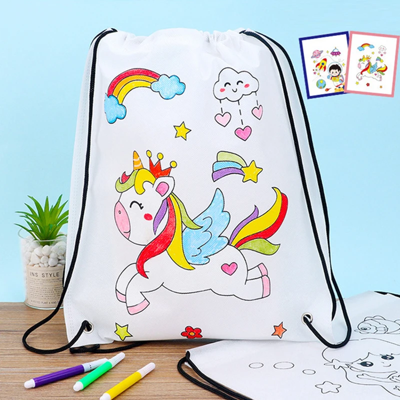 

2Pcs DIY Graffiti Backpack Cloth Bag Handmade Painting Non-Woven Bag Arts Crafts Kindergarten Children Color Filling Drawing Toy