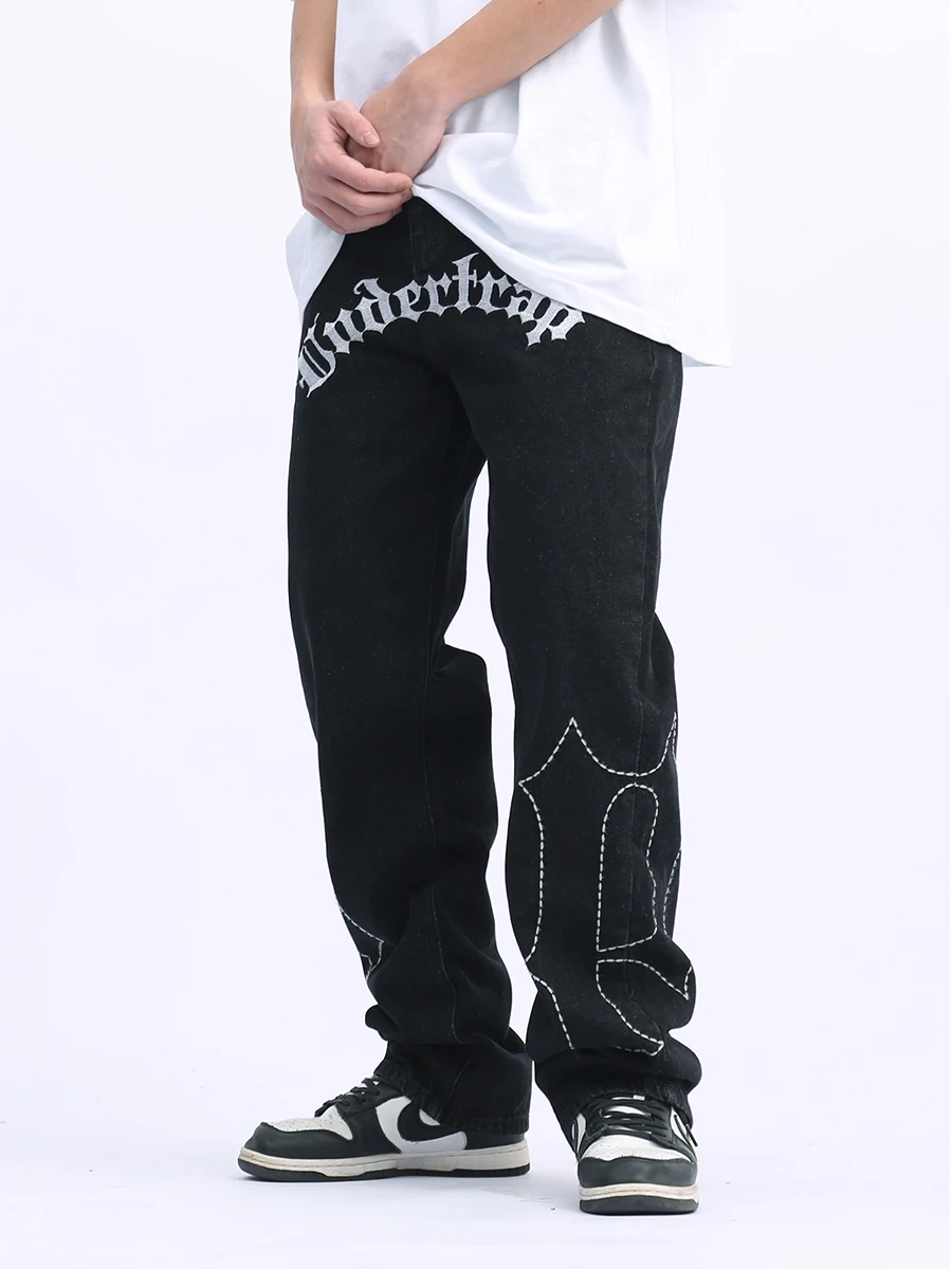 Four Seasons Jeans Men's Street Retro Embroidered Casual Pants Hip Hop Loose High Street Trend Straight Pants Ins Hot Sale JEANS