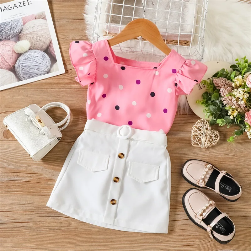 

Toddler Kids Girls 2 Pieces Outfits Dot Print Fly Short Sleeve Square Neck Tops + Solid Color Buttons Mini Skirts with Belt Set