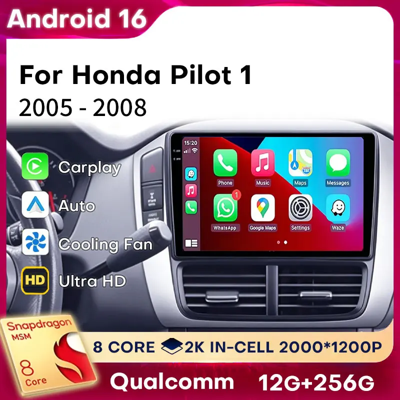 Фото Автомагнитола Android 16 Carplay для Honda Pilot 1 2005-2008, аудиосистема, BT, 4G LTE, 2din, GPS, камера 360, автоплеер, навигация, DSP №1
