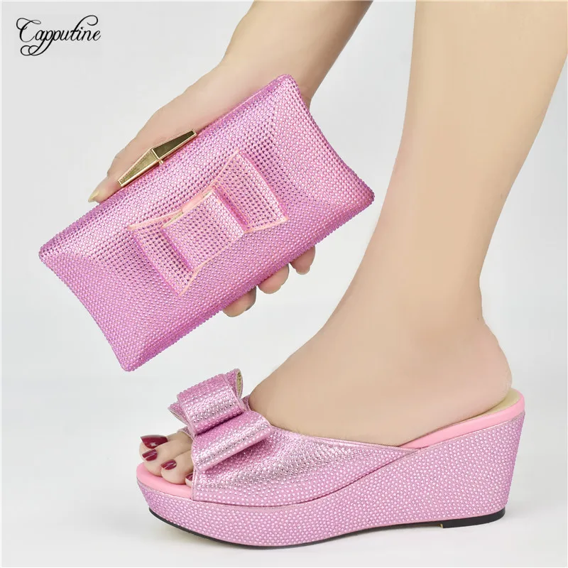 

Pink Woman Platform Shoes And Purse Bag Set To Match Fashion African Ladies Slippers With Handbag Pantofole Donna Pumps 825-63