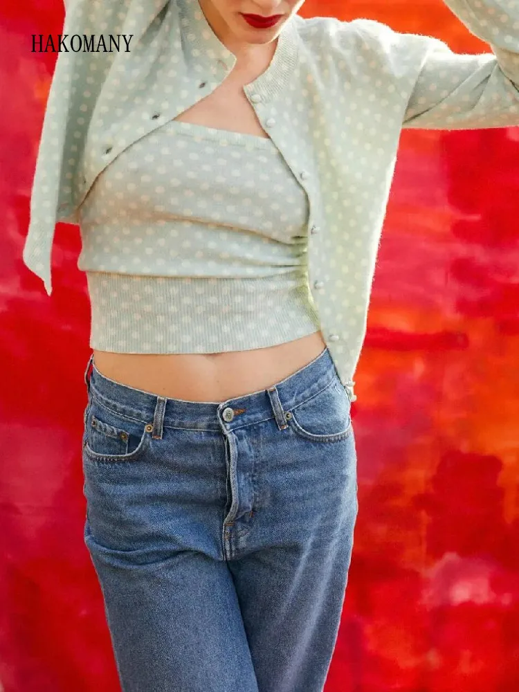 

Короткий свитер на пуговицах, однобортный свободный джемпер в стиле ретро, романтичный вязаный шерстяной кардиган в горошек, укороченная майка, 2023