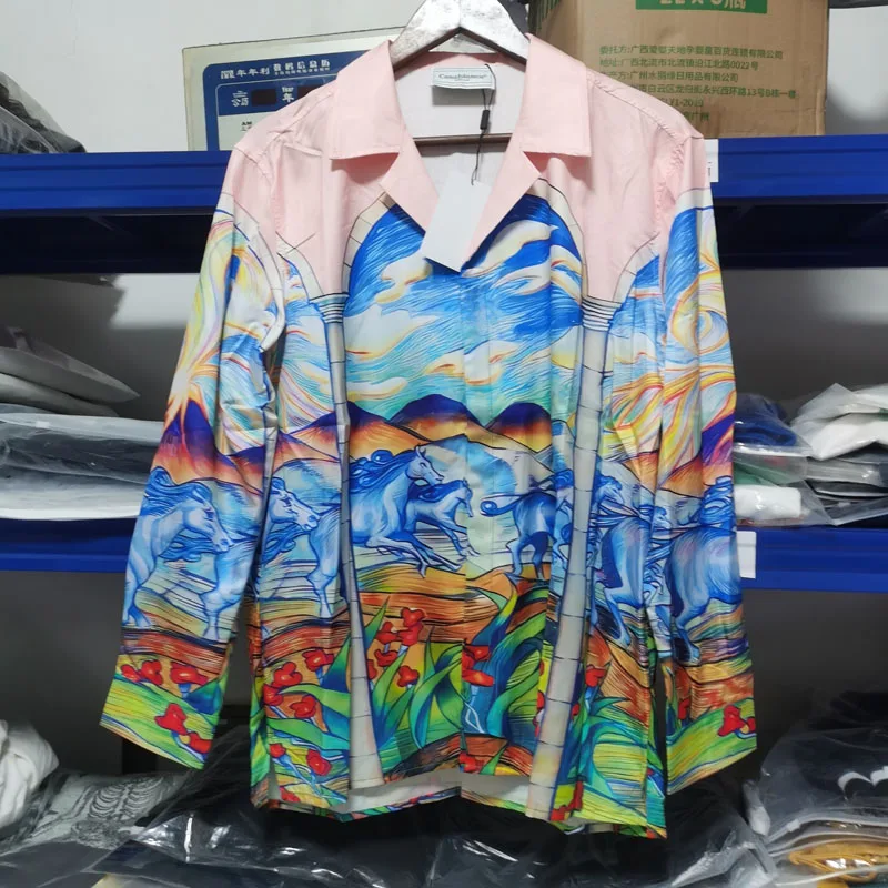 

Casablanca Horse Volcano Print Shirts High Quality Cotton Casablanca Long Sleeve Men Women High Street V-neck Long Sleeve Shirt