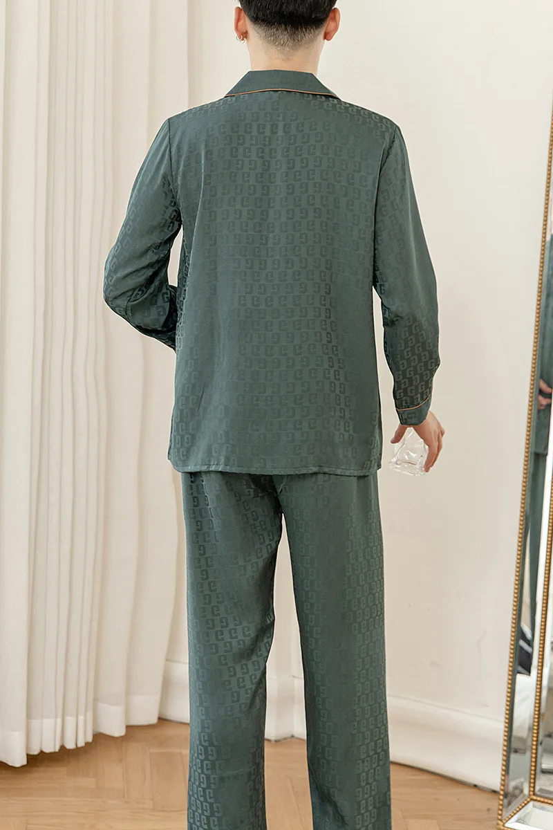 Autumn Sleepwear Men Pajamas Sets with Pants Solid Satin Turn-Down Collar 2 Pieces