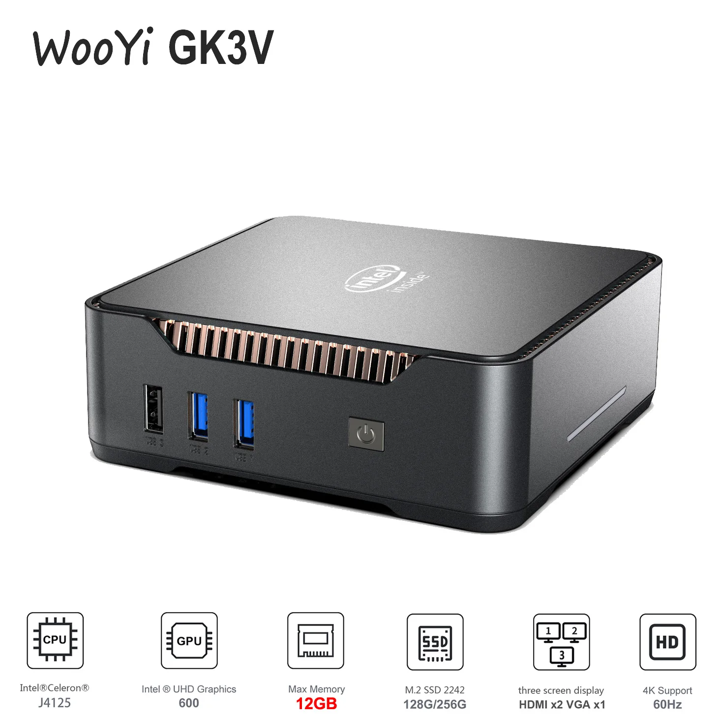 WooYi GK3V мини-ПК игровой Intel Celeron N5105/J4125 8 Гб DDR4 128 ГБ/256 Windows 11 Pro лицензированный HDMI VGA