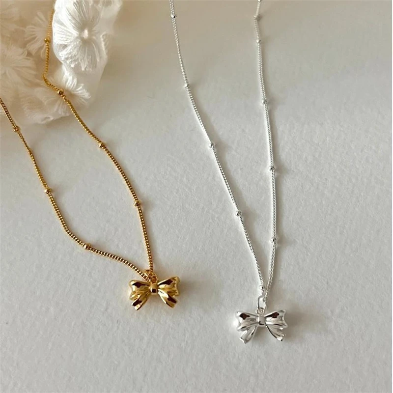 

Lispector 925 Sterling Silver Korean Cute Bowknot Pendant Necklaces for Women Clavicle Chain Necklace Female Jewelry Gifts