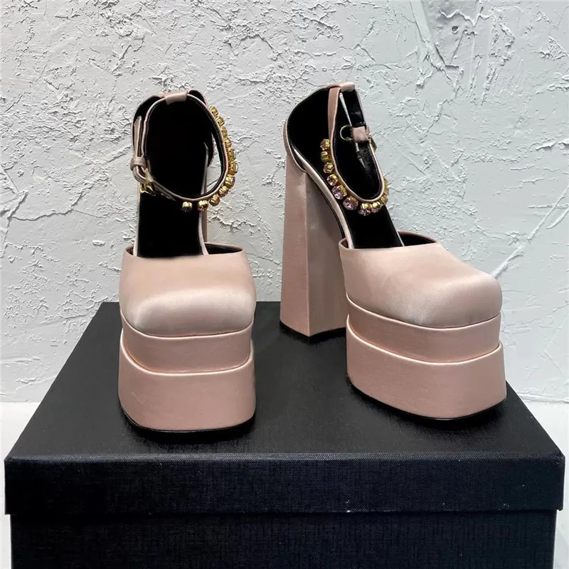 Fashion Woman High Heel Shoes Cover Toe Rhinestone Crude Heel Outdoor Party Sandals Thick Bottom Silk Summer Women Sandals Sexy