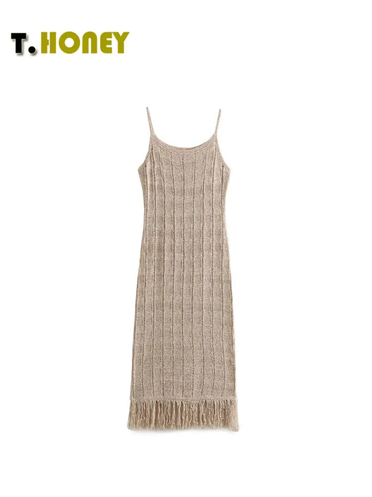 

TELLHONEY Women Fashion O-Neck Hem Tassel Decoration Dress Female Casual Sleeveless Slim Fitting Chic Khaki Midi Dresses