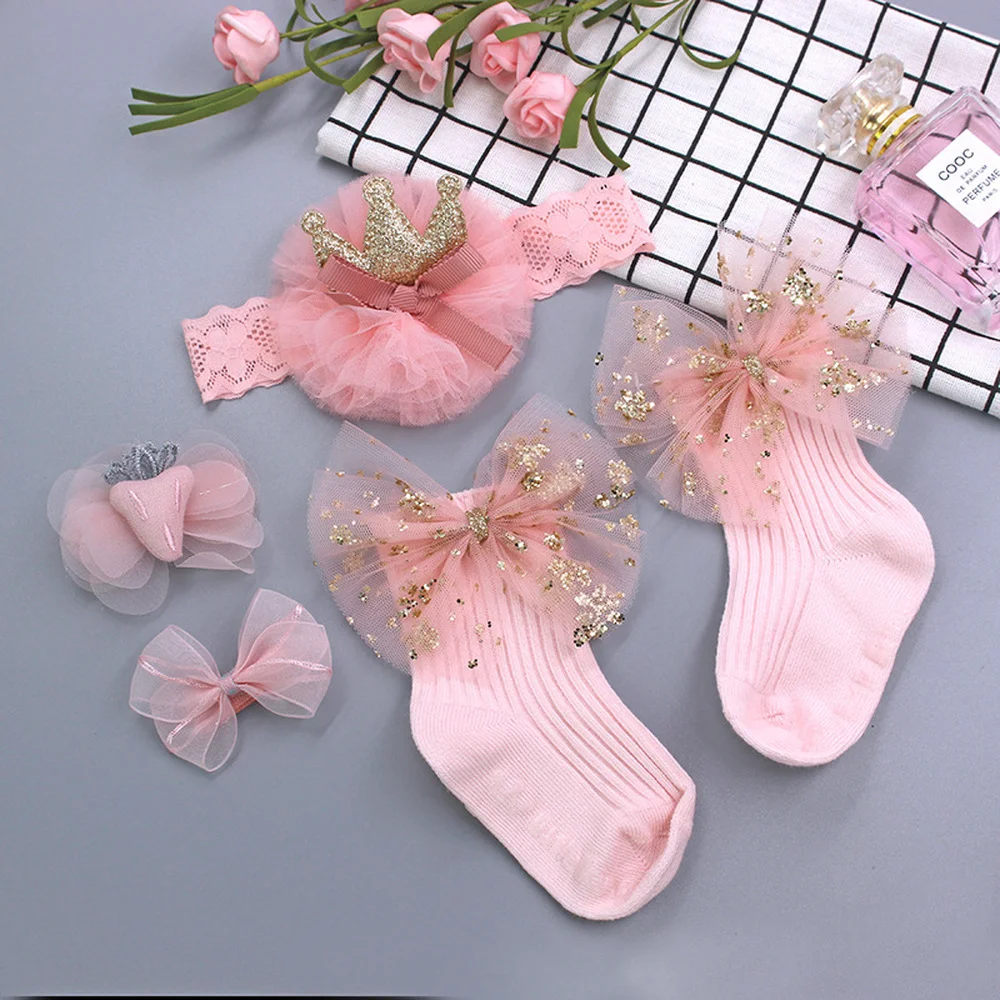 

New Born Baby Girls Lace Flower Headband Socks Set Cotton Baby Socks Newborn Socks Anti Slip Floor Socks Elastic Hair Band