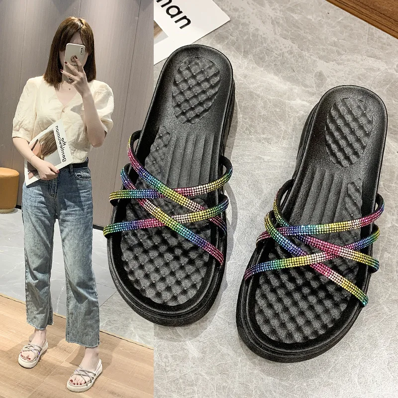 

Shoes Woman's Slippers Shale Female Beach Low Glitter Slides 2022 Flat Soft Sabot Jelly Crystal Basic Hoof Heels Rome Fabric PU