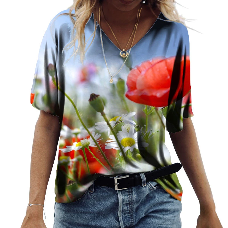 

Plants Flowers Print Women T Shirt 2022 New Summer Casual Short Sleeve V-Neck Loose Oversized Tops Ladies Loose Cotton Clothes