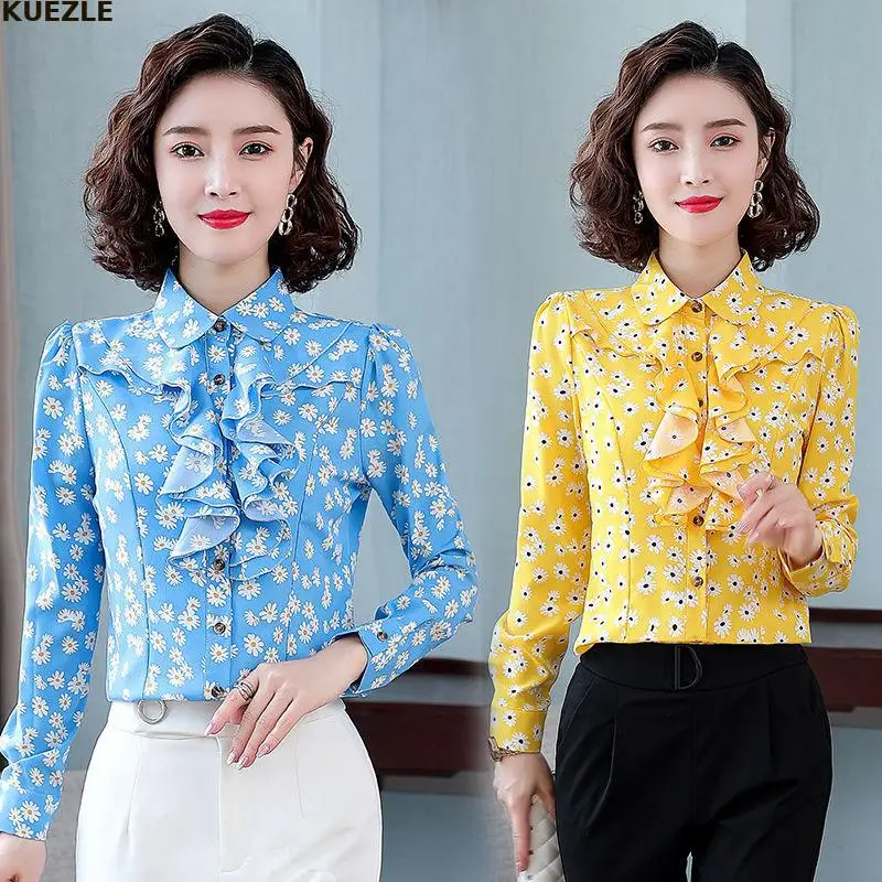 

Casual Women Summer Round Neck Ruffled Shirt 2022 Slim Korean Version Long Sleeve Office Dress Shirts Girls Streetwear Blouses