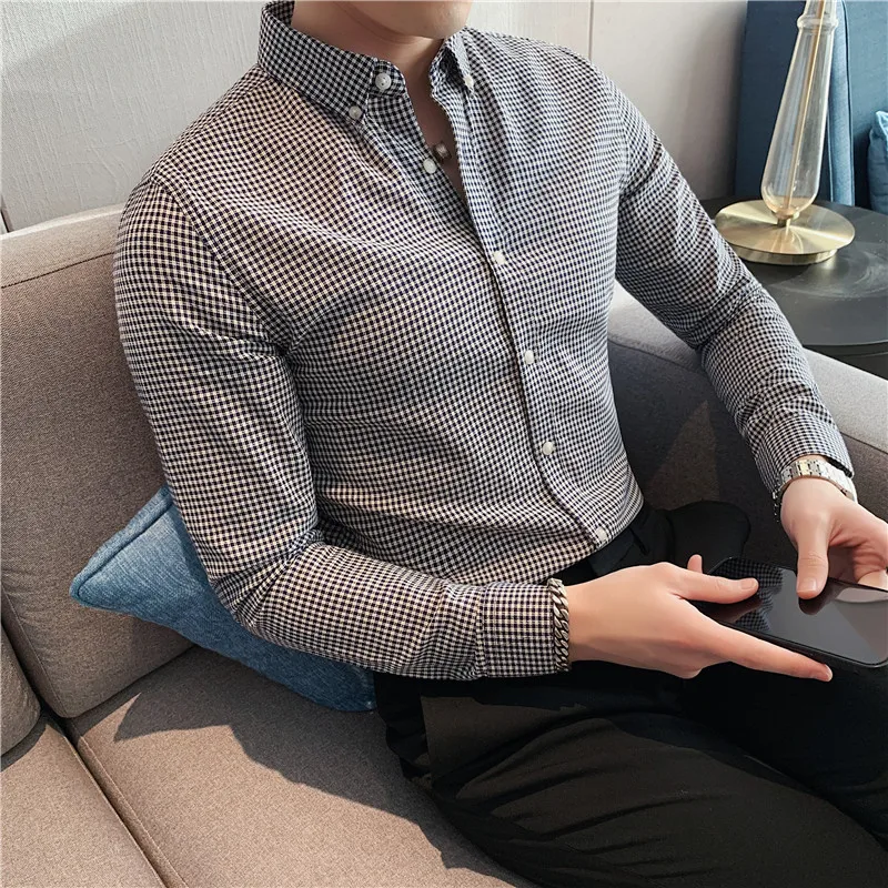 

4XL-M Hot Sale Men Plaid Shirt Luxury Long Sleeve Smart Casual Camisas De Hombre Autumn High End Business Formal Blouse Wear