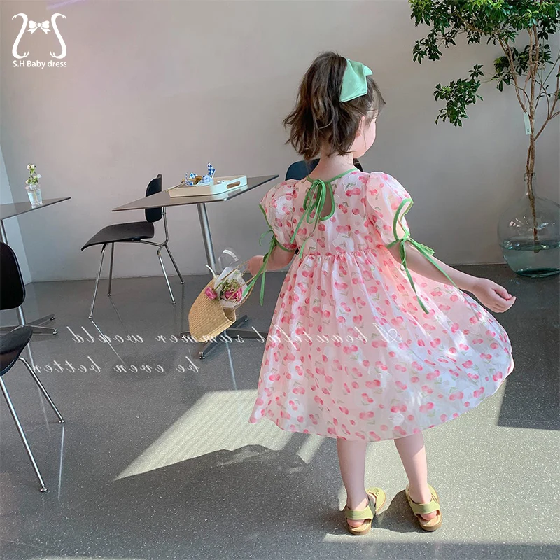 

1 To 7 Y Girl Summer Pink Princess Party Evening Dress Sweet Flowers Puff Sleeves Young Children Clothes Breathable Kids Wear