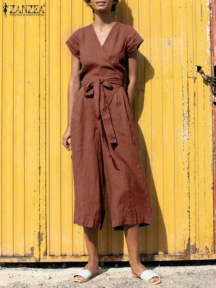 

ZANZEA Summer V Neck Short Sleeve Wide Leg Overalls Stylish Women Jumpsuits Fashion Casual Office Lady Solid Playsuits Rompers