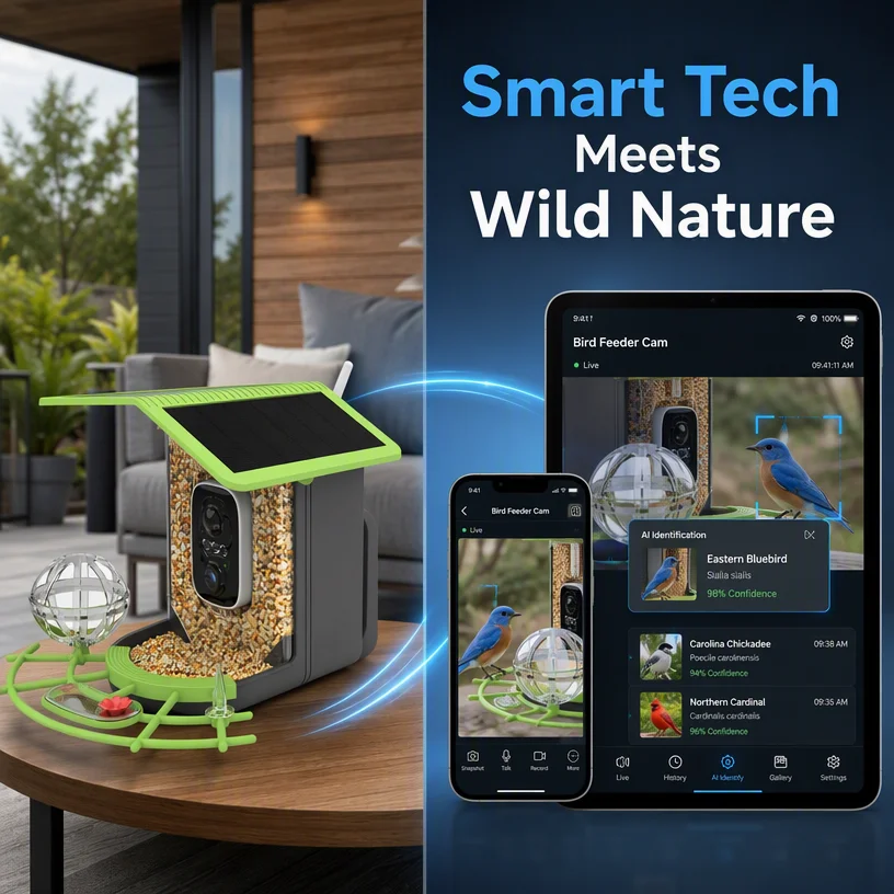 Фото Платформенная кормушка для птиц с камерой, солнечной батареей и Wi-Fi, с функцией интеллектуального распознавания видов с помощью ИИ, для диких птиц. №2