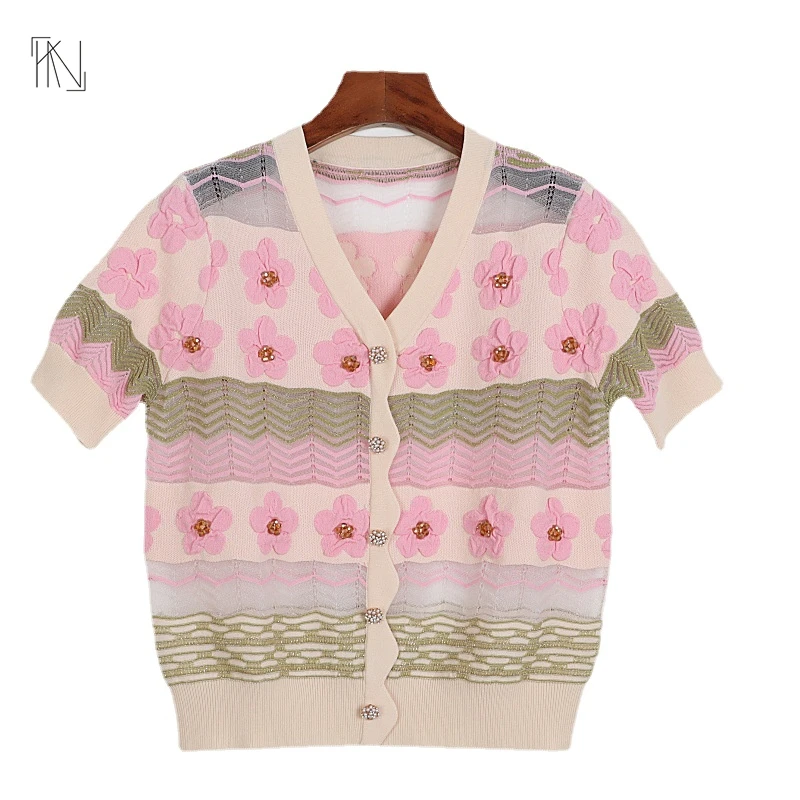 

Short-sleeved Ice-silk Knitted Cardigan with Colour Blocking Print Fall2022 New Women French V-neck Floral Jacquard Slim Fit Top