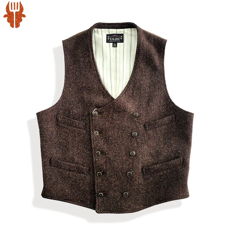 

Men's Tweed Wool Vest Double-Breasted Slim Fit Red Brown Classic Gentlemen Elegant Wear Vintage Suit Waistcoat Designer Clothes