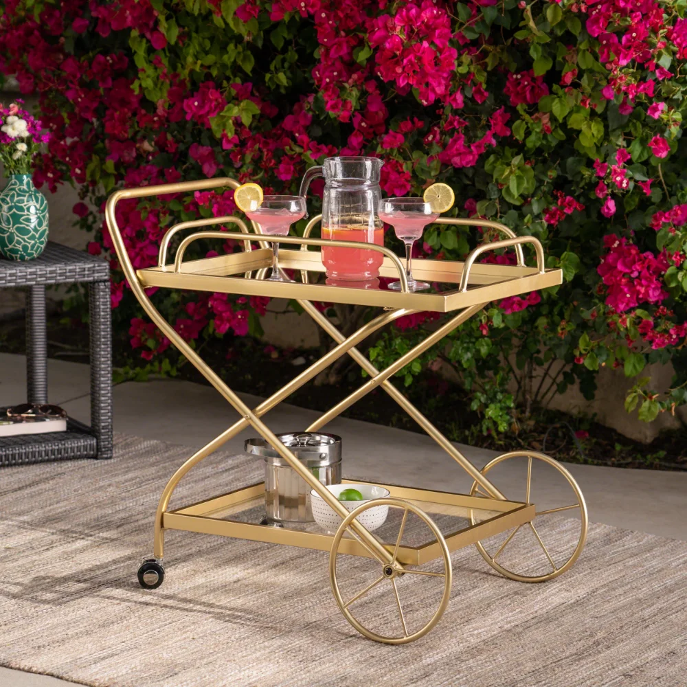 

Outdoor Traditional Iron and Glass Bar Cart, Gold