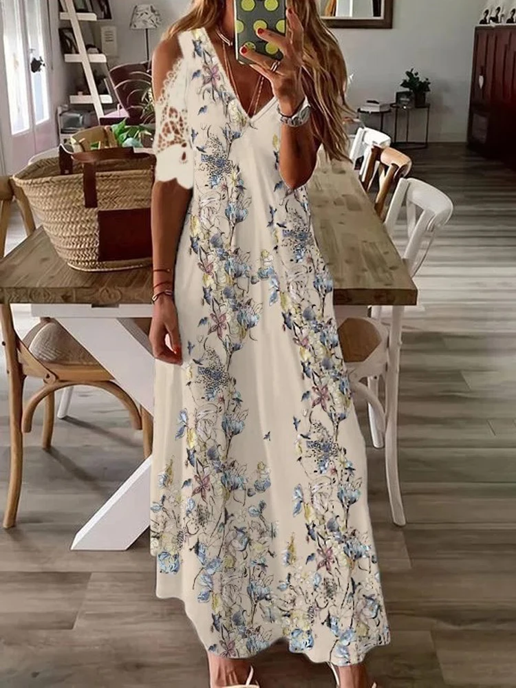 

2022 Spring Summer Off Shoulder Boho Long Dress Women Sexy V Neck Crochet Lace Party Dress Lady Short Sleeve Holiday Beach Dress