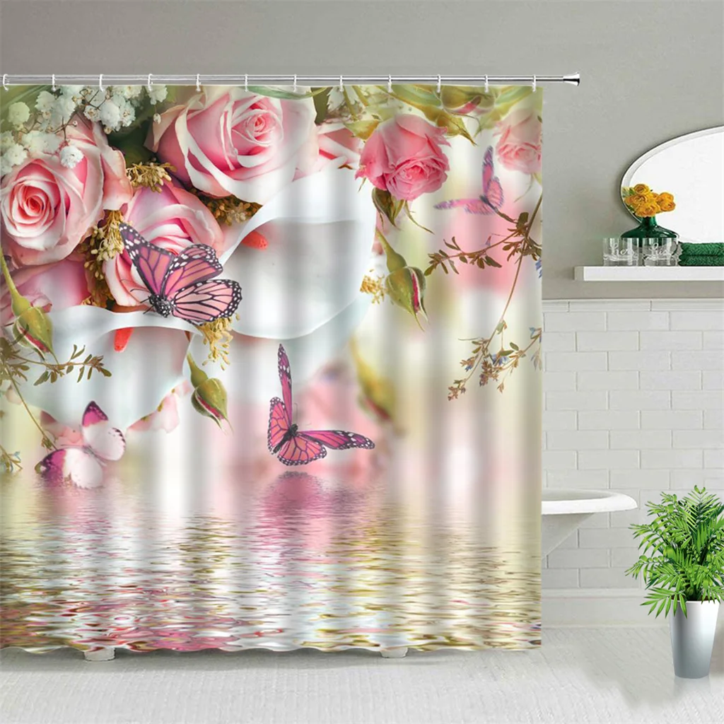 

Ready-made Pink Rose Flower Floral Leaf Waterproof Shower Curtains Transparant Plastic For Bathroom Sets Fabric Hooks Rings