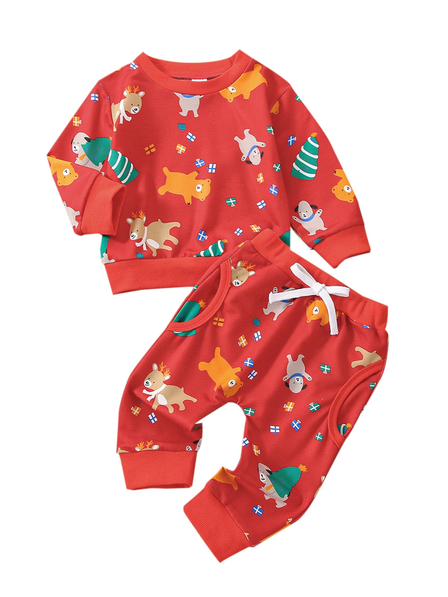 

Infant Girls Boys Christmas Outfit Elk Christmas Tree Animals Print Long Sleeve Tops Elastic Waist Pants 2 Pieces Set