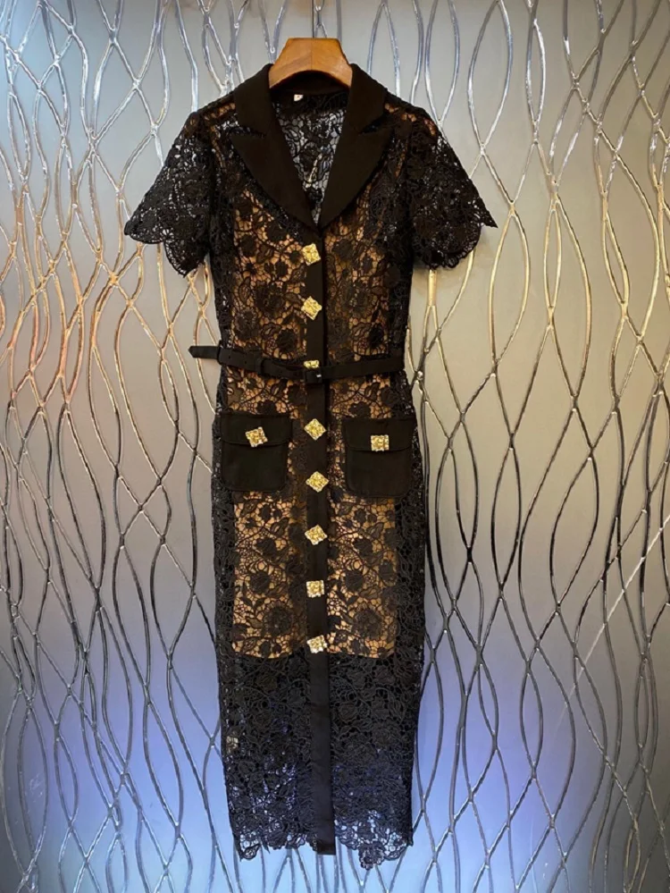 

Высококачественное кружевное платье 2022, вечернее праздничное платье с отложным воротником, вязаное крючком платье миди с пуговицами и вышивкой