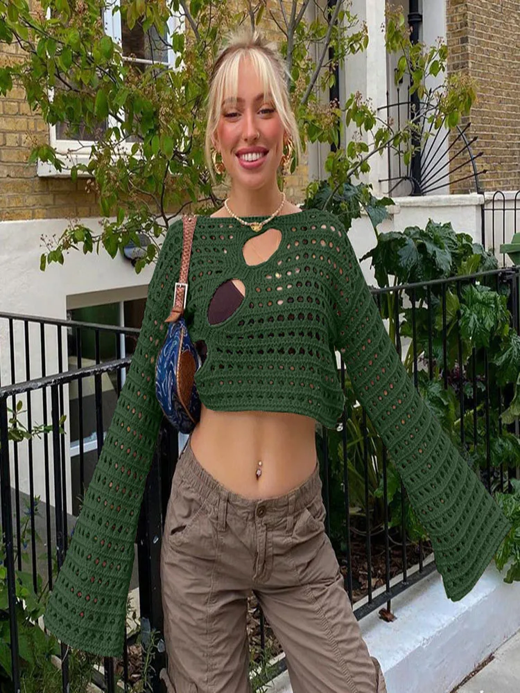 

Y2K вязаный укороченный топ с вырезами, винтажный свободный Состаренный вязаный крючком пуловер, повседневный Сказочный корейский шикарный ...