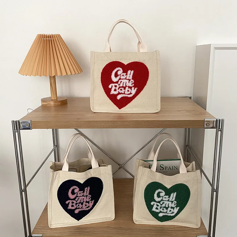 

Cute Plush Love Canvas Shoulder Bag Small Square Bag for Women Lunch Storage Bag Ladies Handbag Shopping Top-Handle Bag